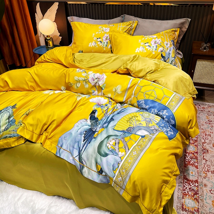 91家纺网 家纺一手货源 找家纺 梵克保罗 2026新款水洗仿天丝数码凉感丝四件套 奥洛琳-金