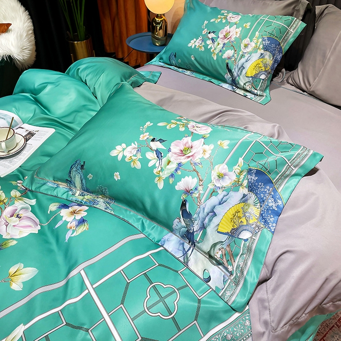 91家纺网 家纺一手货源 找家纺 梵克保罗 2026新款水洗仿天丝数码凉感丝四件套 奥洛琳-绿