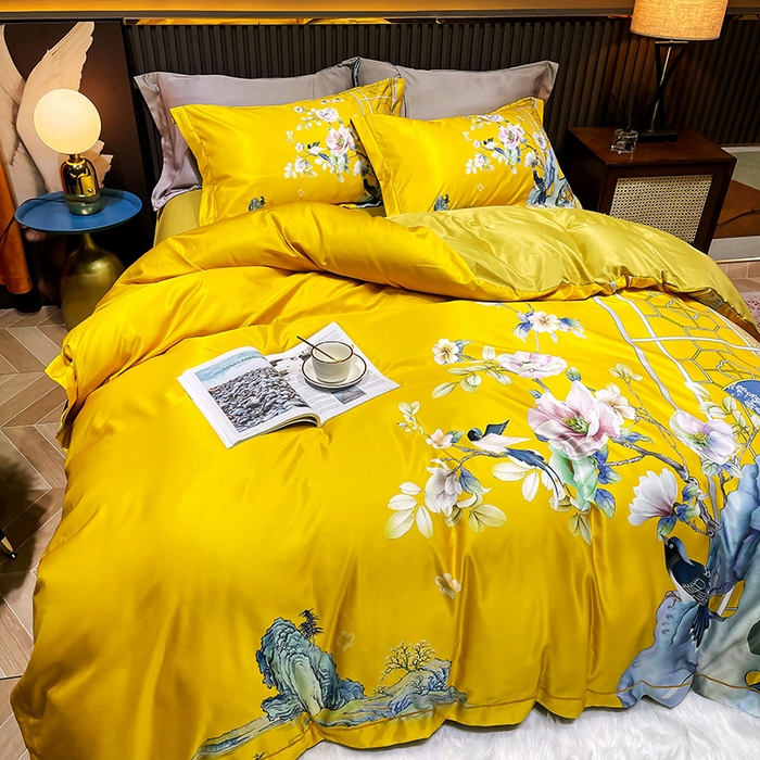 91家纺网 家纺一手货源 找家纺 梵克保罗 2026新款水洗仿天丝数码凉感丝四件套 奥洛琳-金