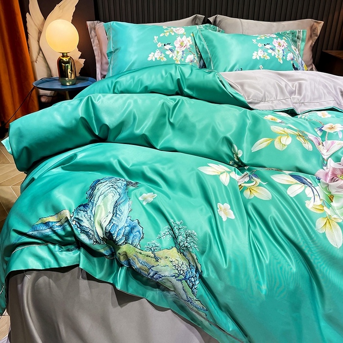 91家纺网 家纺一手货源 找家纺 梵克保罗 2026新款水洗仿天丝数码凉感丝四件套 奥洛琳-绿