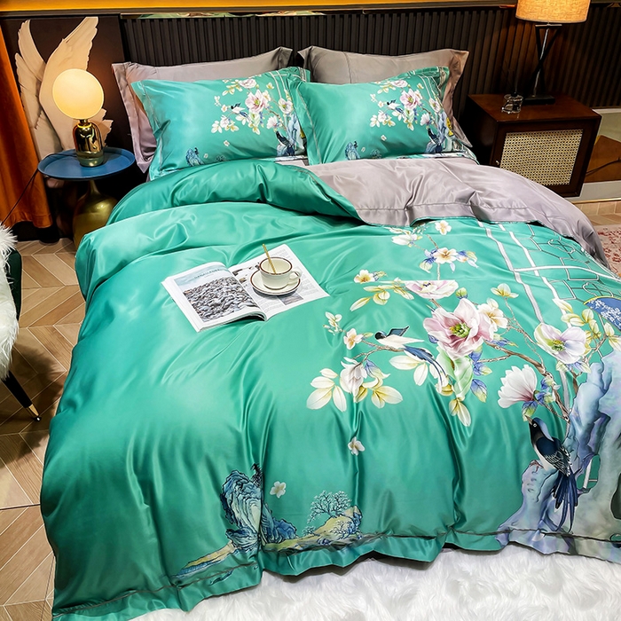 91家纺网 家纺一手货源 找家纺 梵克保罗 2026新款水洗仿天丝数码凉感丝四件套 奥洛琳-绿