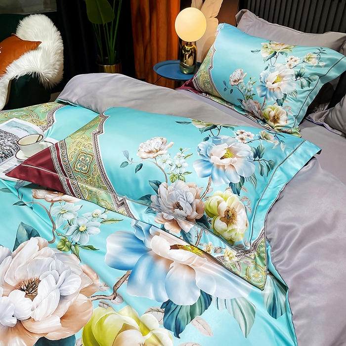 91家纺网 家纺一手货源 找家纺 梵克保罗 2026新款水洗仿天丝数码凉感丝四件套 花香琉璃-红