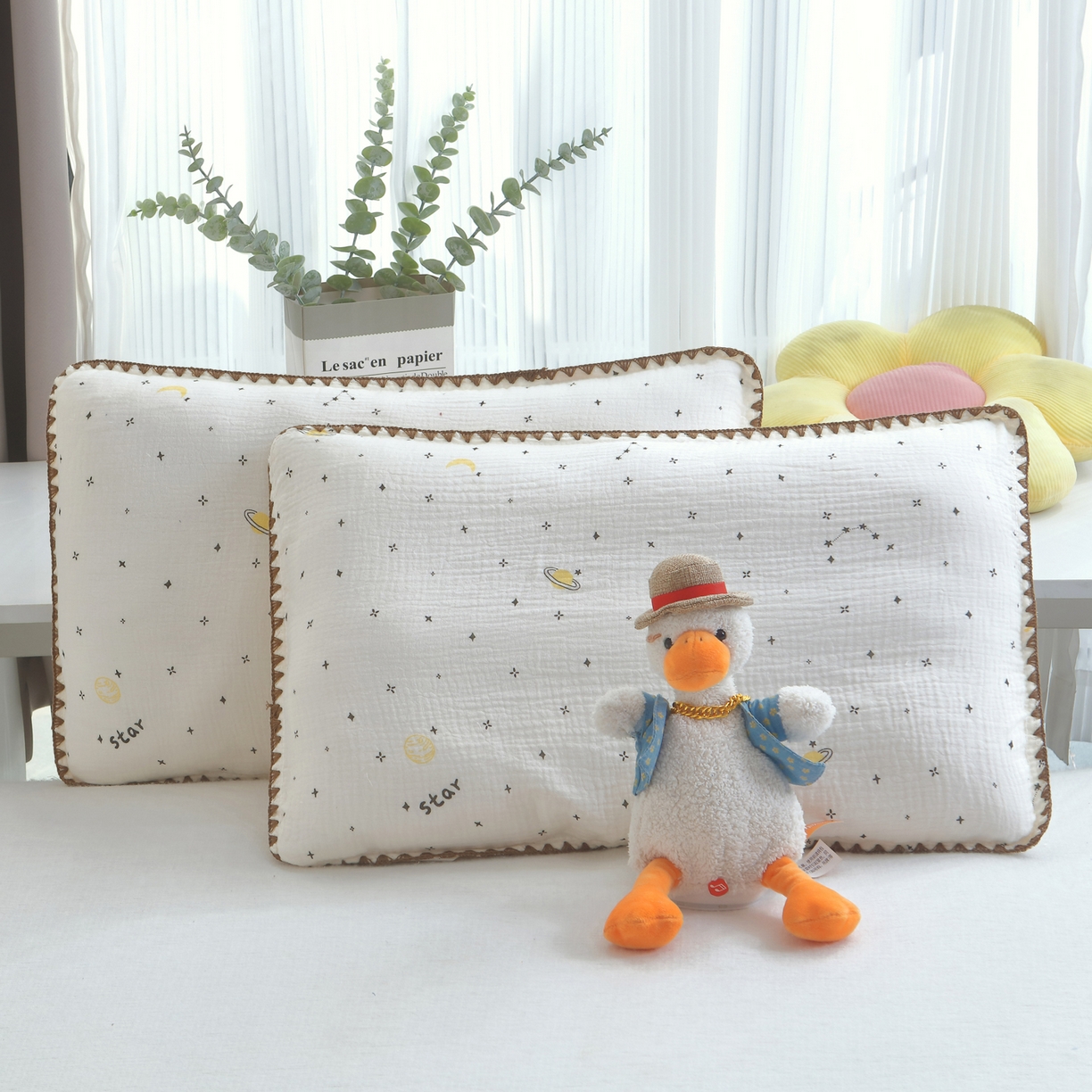 兄弟坊 2026新款全棉皱皱纱枕套枕头婴儿枕幼儿园枕学生枕宝宝枕套枕芯 满天星