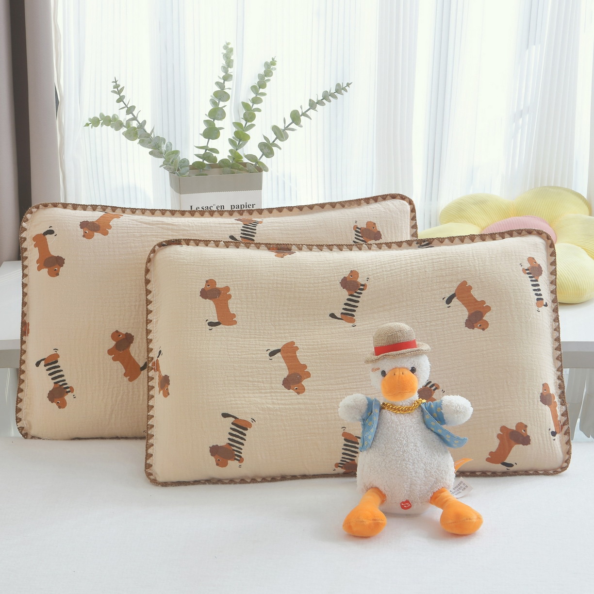 兄弟坊 2026新款全棉皱皱纱枕套枕头婴儿枕幼儿园枕学生枕宝宝枕套枕芯 腊肠狗