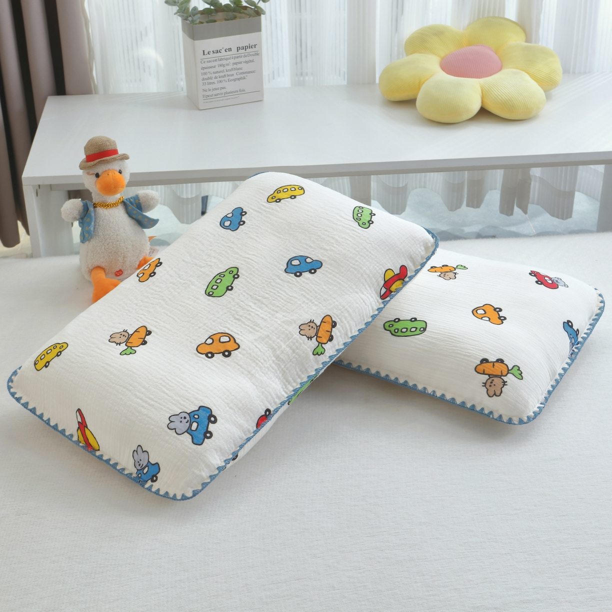 91家纺网 家纺一手货源 找家纺 兄弟坊 2026新款全棉皱皱纱枕套枕头婴儿枕幼儿园枕学生枕宝宝枕套枕芯 小汽车