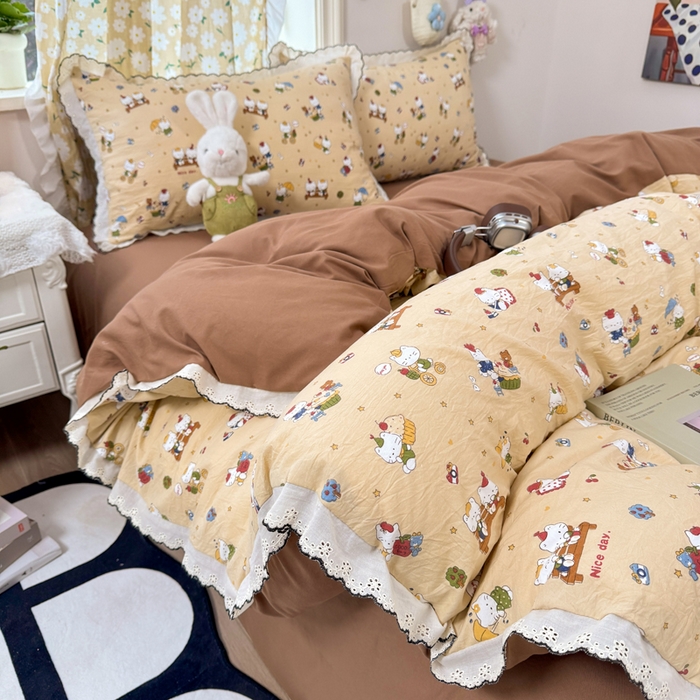 91家纺网 家纺一手货源 找家纺 睡美美家纺 2026新款A类古法水洗棉法式花边四件套 奶萌喵咖