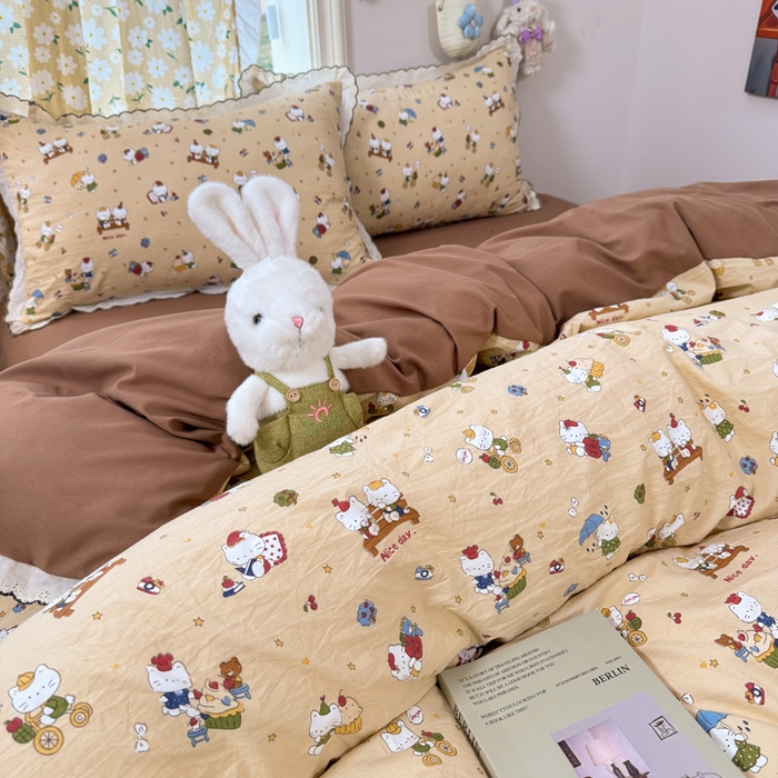 91家纺网 家纺一手货源 找家纺 睡美美家纺 2026新款A类古法水洗棉法式花边四件套 奶萌喵咖