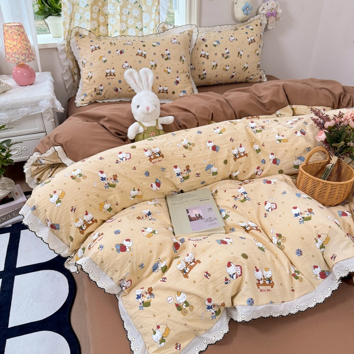 91家纺网 家纺一手货源 找家纺 睡美美家纺 2026新款A类古法水洗棉法式花边四件套 奶萌喵咖