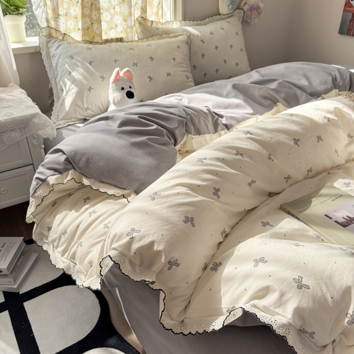 91家纺网 家纺一手货源 找家纺 睡美美家纺 2026新款A类古法水洗棉法式花边四件套 梦幻灰