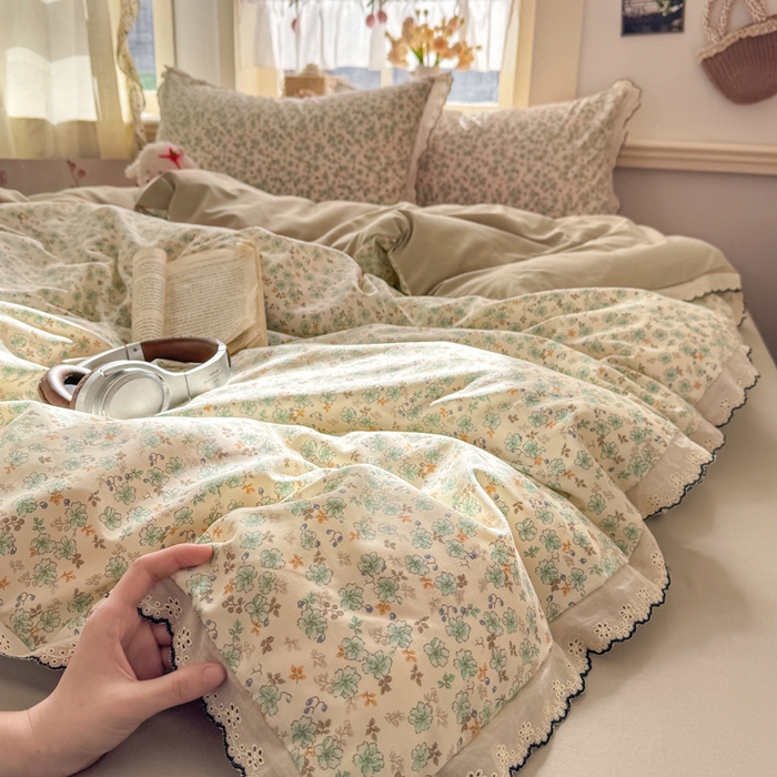 91家纺网 家纺一手货源 找家纺 睡美美家纺 2026新款A类古法水洗棉法式花边四件套 春野