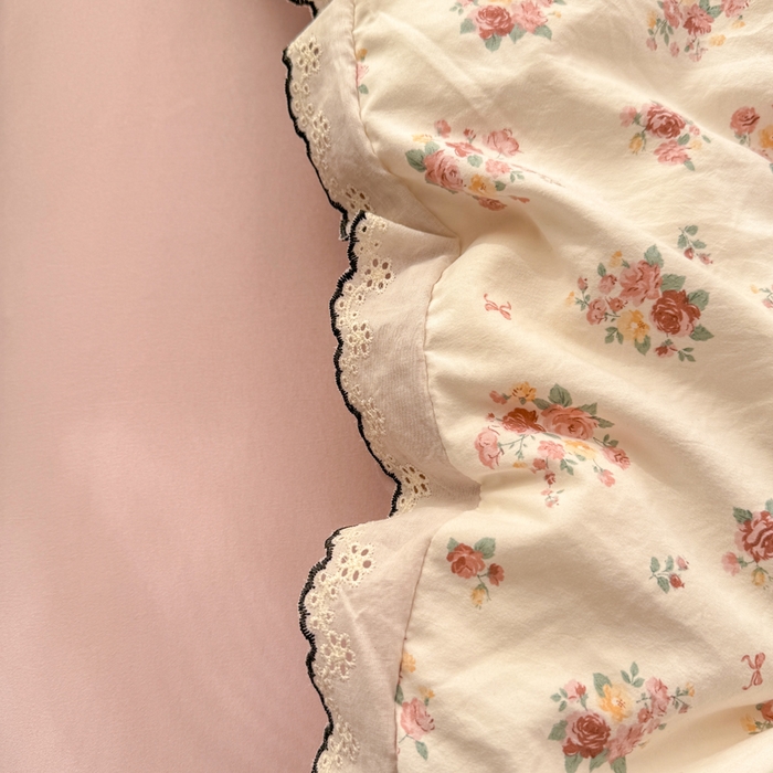 91家纺网 家纺一手货源 找家纺 睡美美家纺 2026新款A类古法水洗棉法式花边四件套 粉雾蔷薇