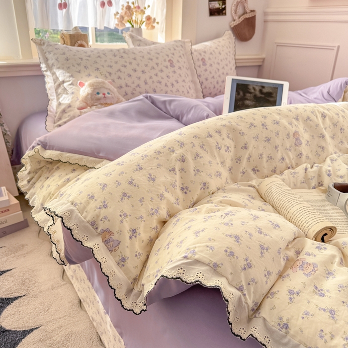 91家纺网 家纺一手货源 找家纺 睡美美家纺 2026新款A类古法水洗棉法式花边四件套 花田兔