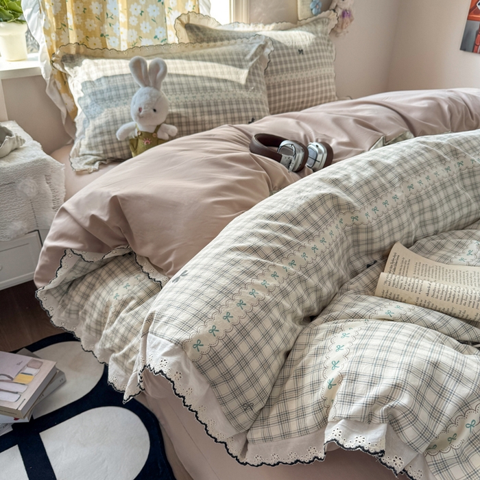 91家纺网 家纺一手货源 找家纺 睡美美家纺 2026新款A类古法水洗棉法式花边四件套 梦幻格趣