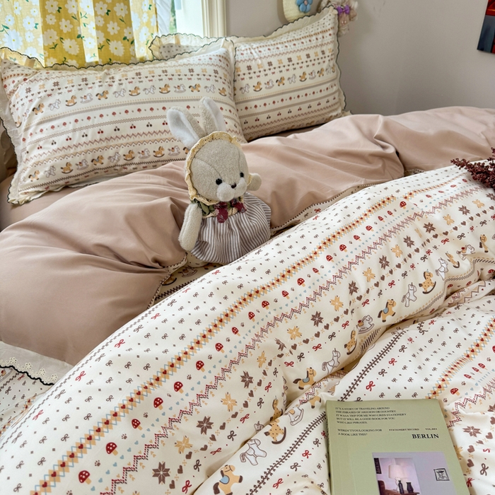 91家纺网 家纺一手货源 找家纺 睡美美家纺 2026新款A类古法水洗棉法式花边四件套 乐町小马