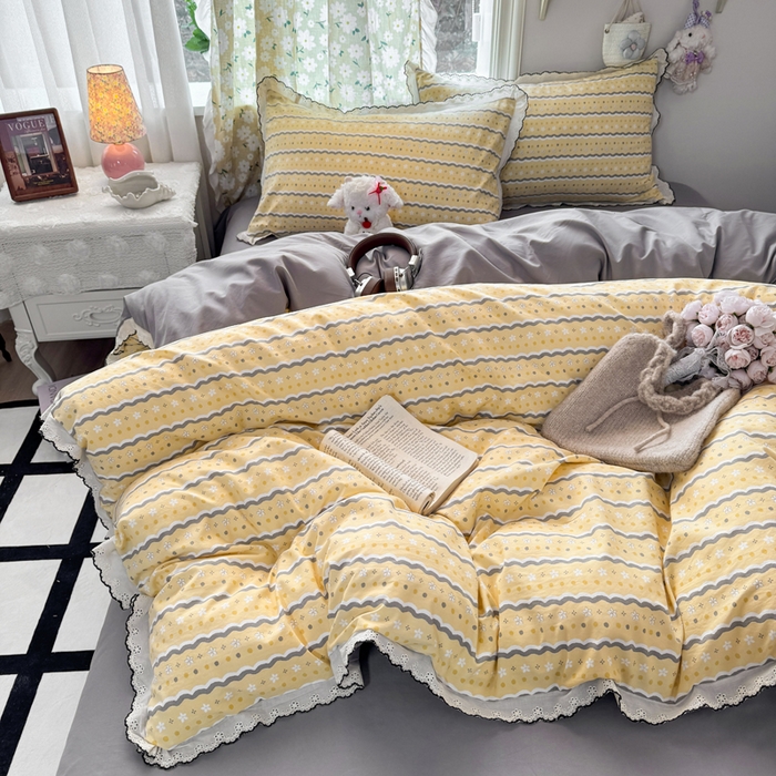 91家纺网 家纺一手货源 找家纺 睡美美家纺 2026新款A类古法水洗棉法式花边四件套 海盐奶酪