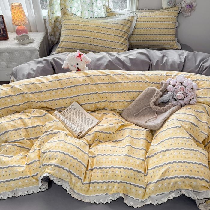 91家纺网 家纺一手货源 找家纺 睡美美家纺 2026新款A类古法水洗棉法式花边四件套 海盐奶酪