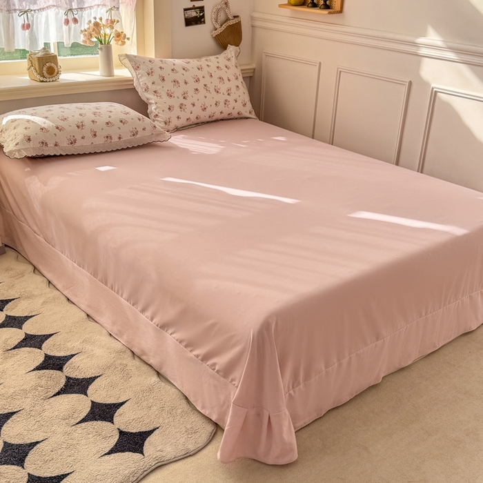 91家纺网 家纺一手货源 找家纺 睡美美家纺 2026新款A类古法水洗棉法式花边四件套 粉雾蔷薇