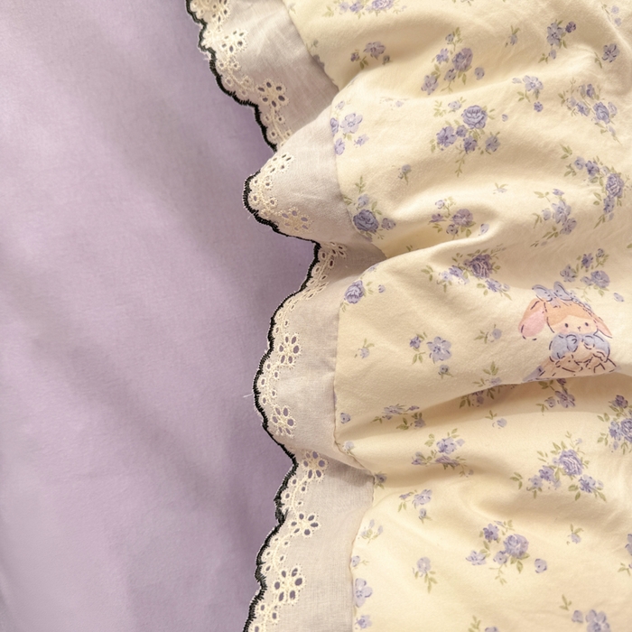 91家纺网 家纺一手货源 找家纺 睡美美家纺 2026新款A类古法水洗棉法式花边四件套 花田兔