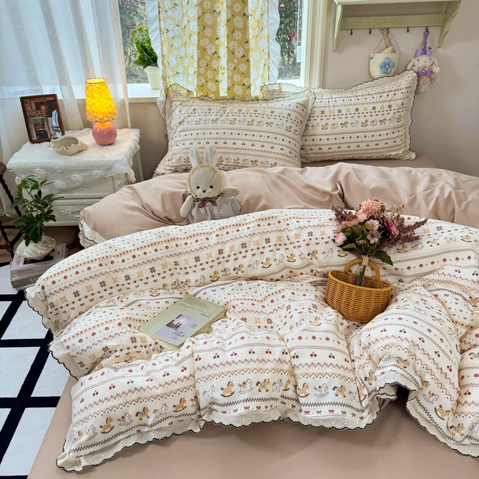 91家纺网 家纺一手货源 找家纺 睡美美家纺 2026新款A类古法水洗棉法式花边四件套 乐町小马