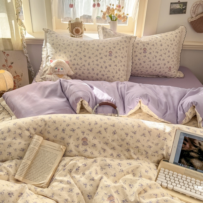 91家纺网 家纺一手货源 找家纺 睡美美家纺 2026新款A类古法水洗棉法式花边四件套 花田兔