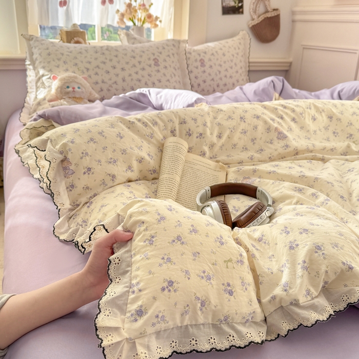 91家纺网 家纺一手货源 找家纺 睡美美家纺 2026新款A类古法水洗棉法式花边四件套 花田兔