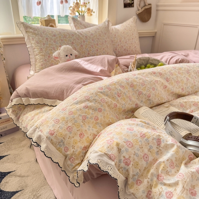 91家纺网 家纺一手货源 找家纺 睡美美家纺 2026新款A类古法水洗棉法式花边四件套 剪秋