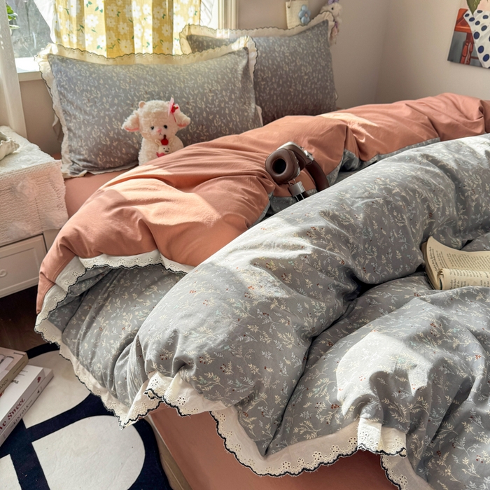 91家纺网 家纺一手货源 找家纺 睡美美家纺 2026新款A类古法水洗棉法式花边四件套 灰棠