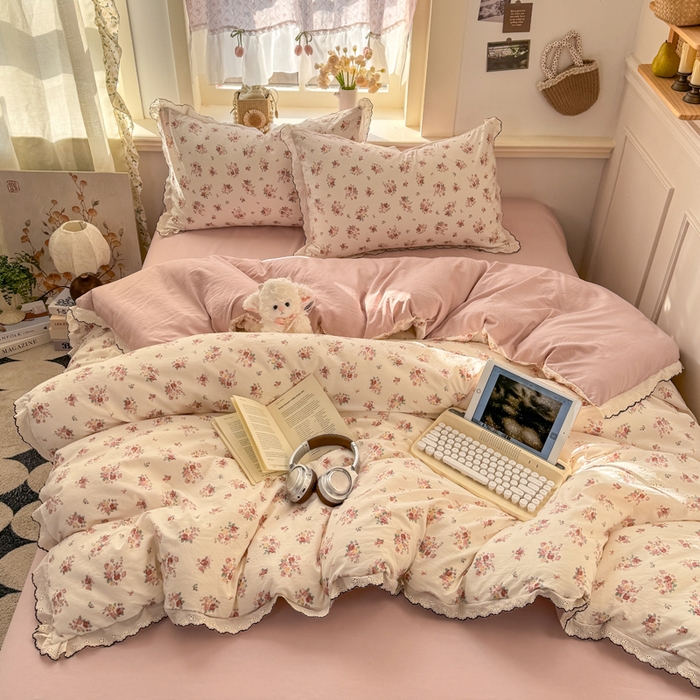 睡美美家纺 2026新款A类古法水洗棉法式花边四件套 粉雾蔷薇