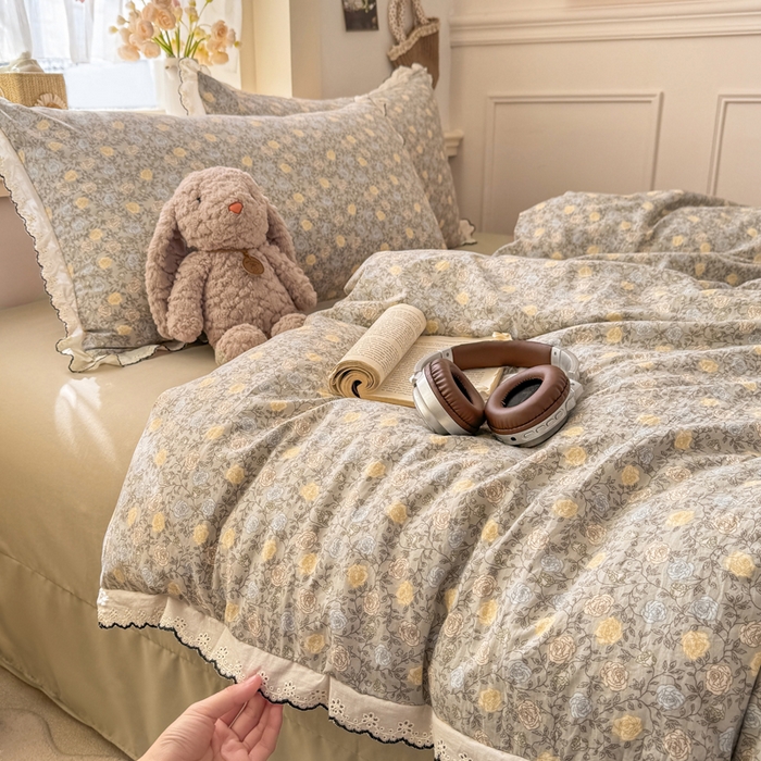 91家纺网 家纺一手货源 找家纺 睡美美家纺 2026新款A类古法水洗棉法式花边四件套 森屿