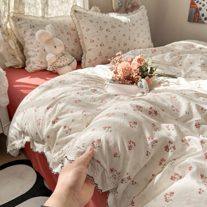 91家纺网 家纺一手货源 找家纺 睡美美家纺 2026新款A类古法水洗棉法式花边四件套 疏影