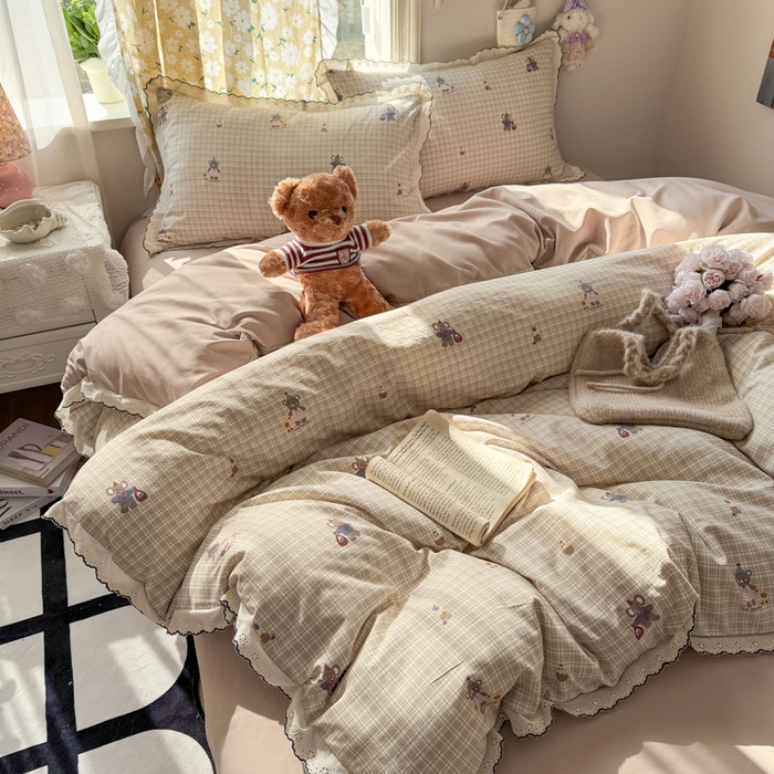 91家纺网 家纺一手货源 找家纺 睡美美家纺 2026新款A类古法水洗棉法式花边四件套 格纹小象