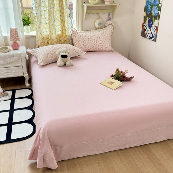 91家纺网 家纺一手货源 找家纺 睡美美家纺 2026新款A类古法水洗棉法式花边四件套 粉漾