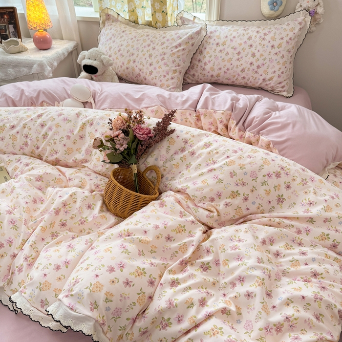 91家纺网 家纺一手货源 找家纺 睡美美家纺 2026新款A类古法水洗棉法式花边四件套 粉漾