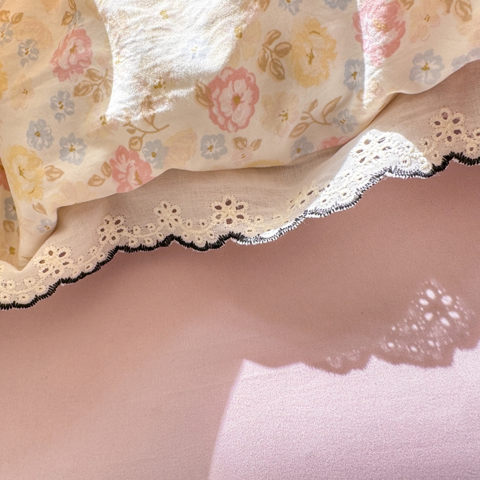 91家纺网 家纺一手货源 找家纺 睡美美家纺 2026新款A类古法水洗棉法式花边四件套 剪秋