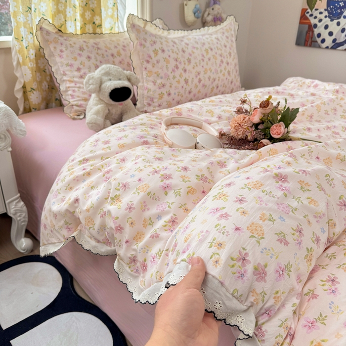 91家纺网 家纺一手货源 找家纺 睡美美家纺 2026新款A类古法水洗棉法式花边四件套 粉漾