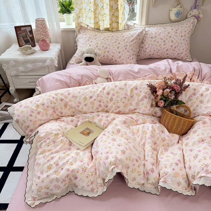 91家纺网 家纺一手货源 找家纺 睡美美家纺 2026新款A类古法水洗棉法式花边四件套 粉漾