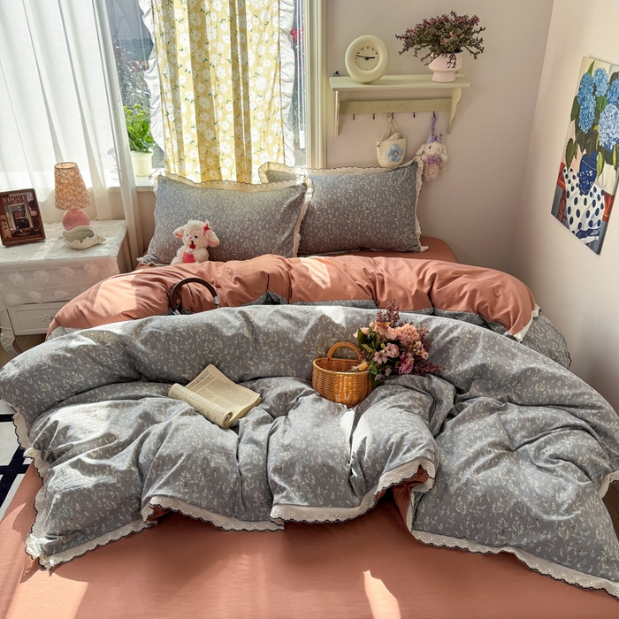 睡美美家纺 2026新款A类古法水洗棉法式花边四件套 灰棠