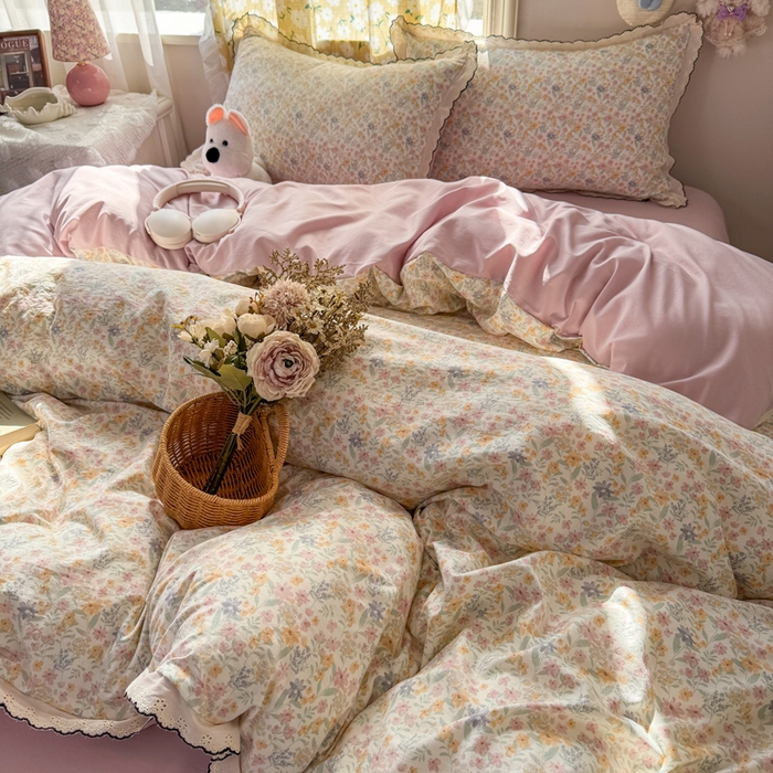 91家纺网 家纺一手货源 找家纺 睡美美家纺 2026新款A类古法水洗棉法式花边四件套 花千朵