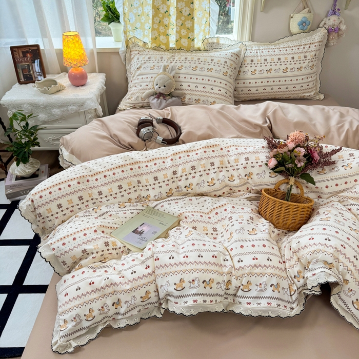 91家纺网 家纺一手货源 找家纺 睡美美家纺 2026新款A类古法水洗棉法式花边四件套 乐町小马