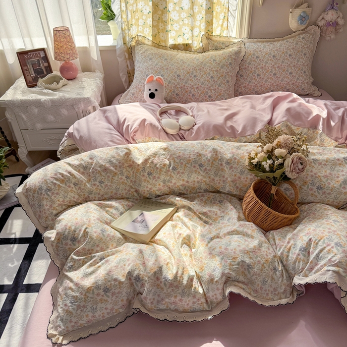 91家纺网 家纺一手货源 找家纺 睡美美家纺 2026新款A类古法水洗棉法式花边四件套 花千朵