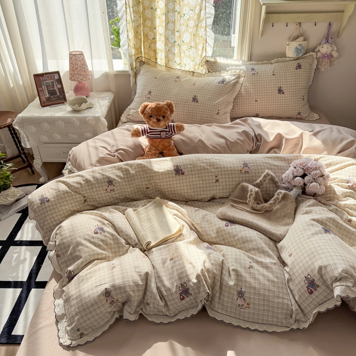 91家纺网 家纺一手货源 找家纺 睡美美家纺 2026新款A类古法水洗棉法式花边四件套 格纹小象