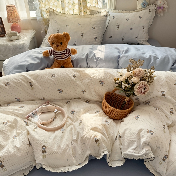 91家纺网 家纺一手货源 找家纺 睡美美家纺 2026新款A类古法水洗棉法式花边四件套 俏皮狗