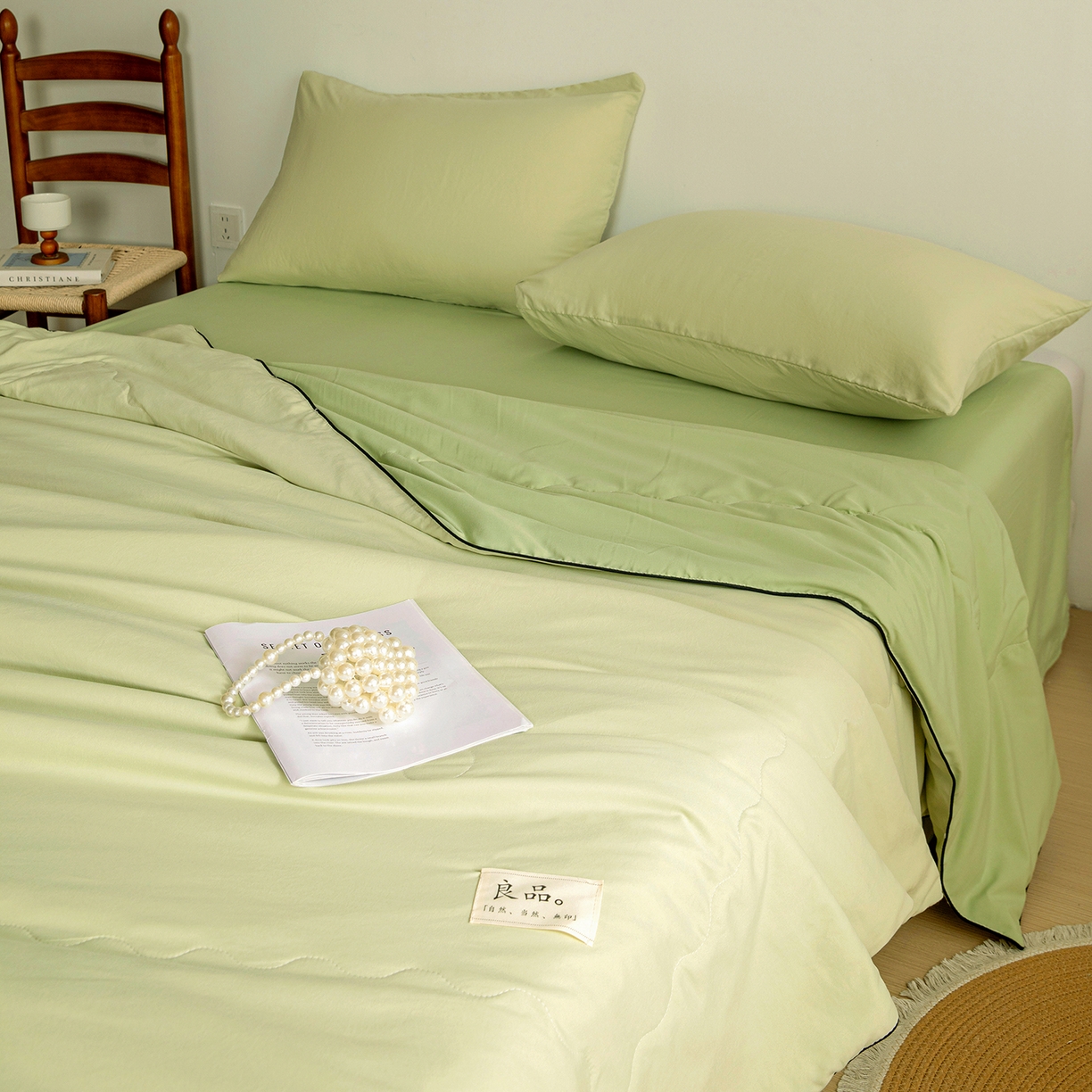 91家纺网 家纺一手货源 找家纺 易展家居 2026新款水洗棉新疆棉花夏被-嵌绳款 嵌绳-薄荷绿