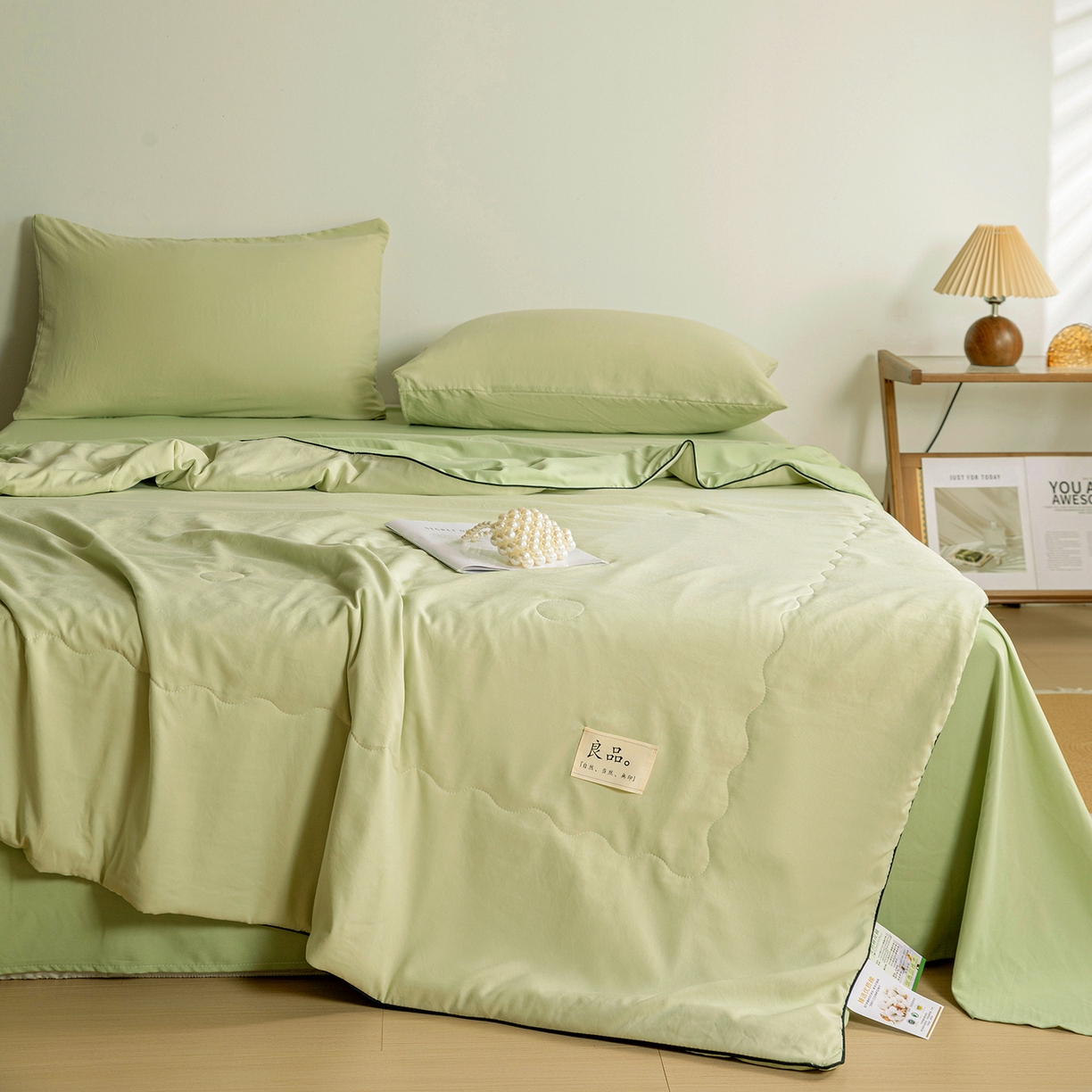 91家纺网 家纺一手货源 找家纺 易展家居 2026新款水洗棉新疆棉花夏被-嵌绳款 嵌绳-薄荷绿