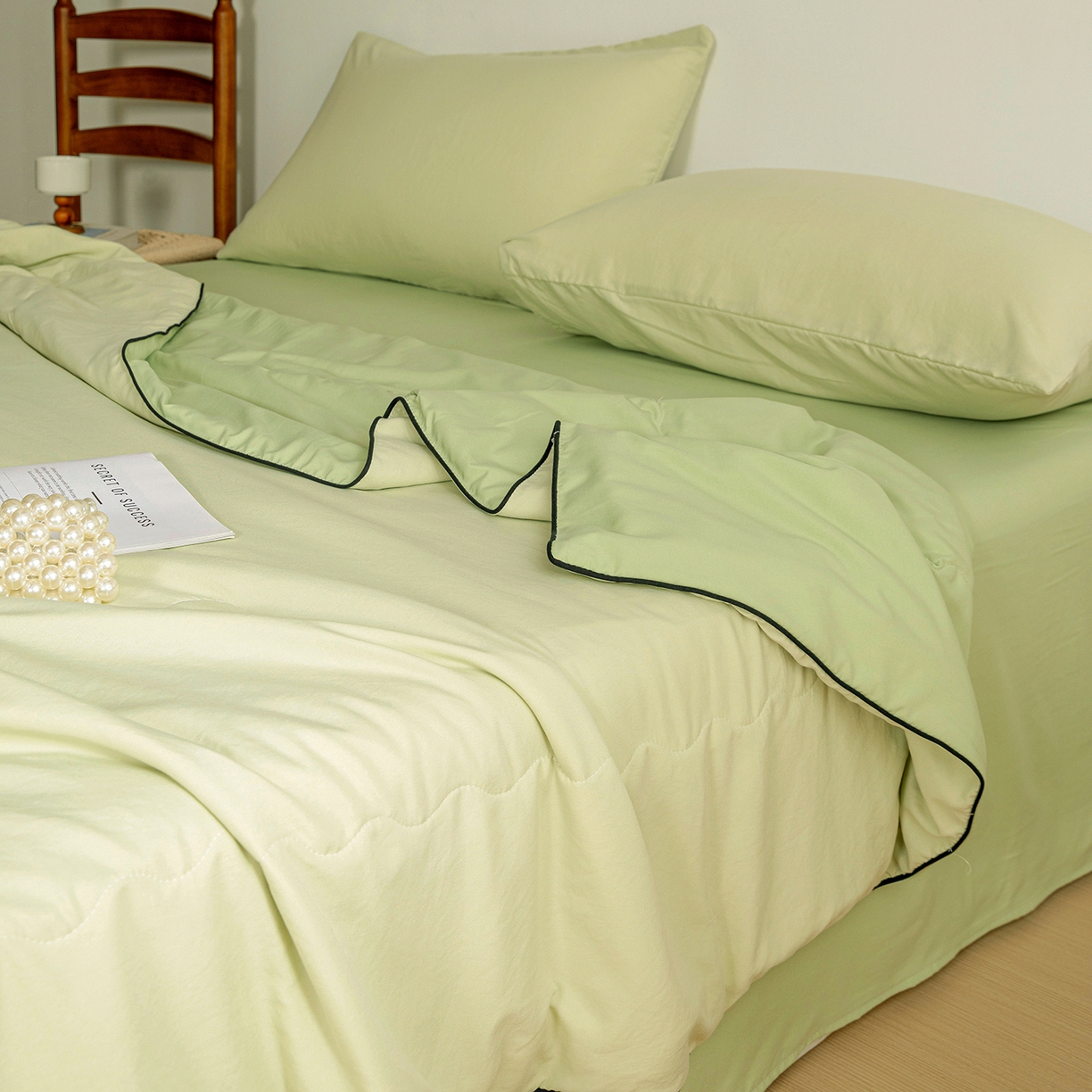 91家纺网 家纺一手货源 找家纺 易展家居 2026新款水洗棉新疆棉花夏被-嵌绳款 嵌绳-薄荷绿