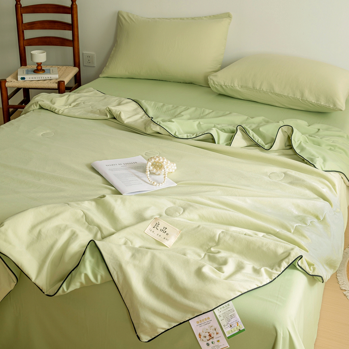 91家纺网 家纺一手货源 找家纺 易展家居 2026新款水洗棉新疆棉花夏被-嵌绳款 嵌绳-薄荷绿