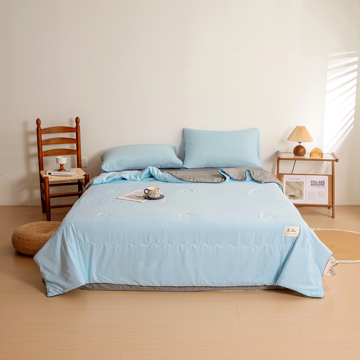 91家纺网 家纺一手货源 找家纺 易展家居 2026新款水洗棉新疆棉花夏被-嵌绳款 嵌绳-天蓝