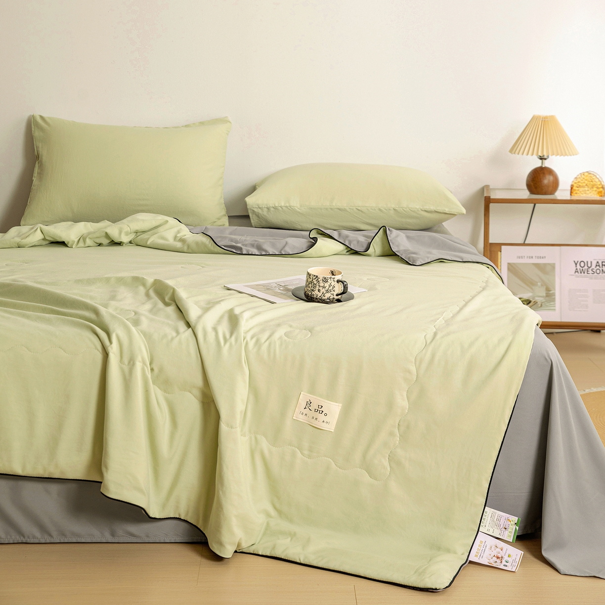 91家纺网 家纺一手货源 找家纺 易展家居 2026新款水洗棉新疆棉花夏被-嵌绳款 嵌绳-薄荷绿+浅灰