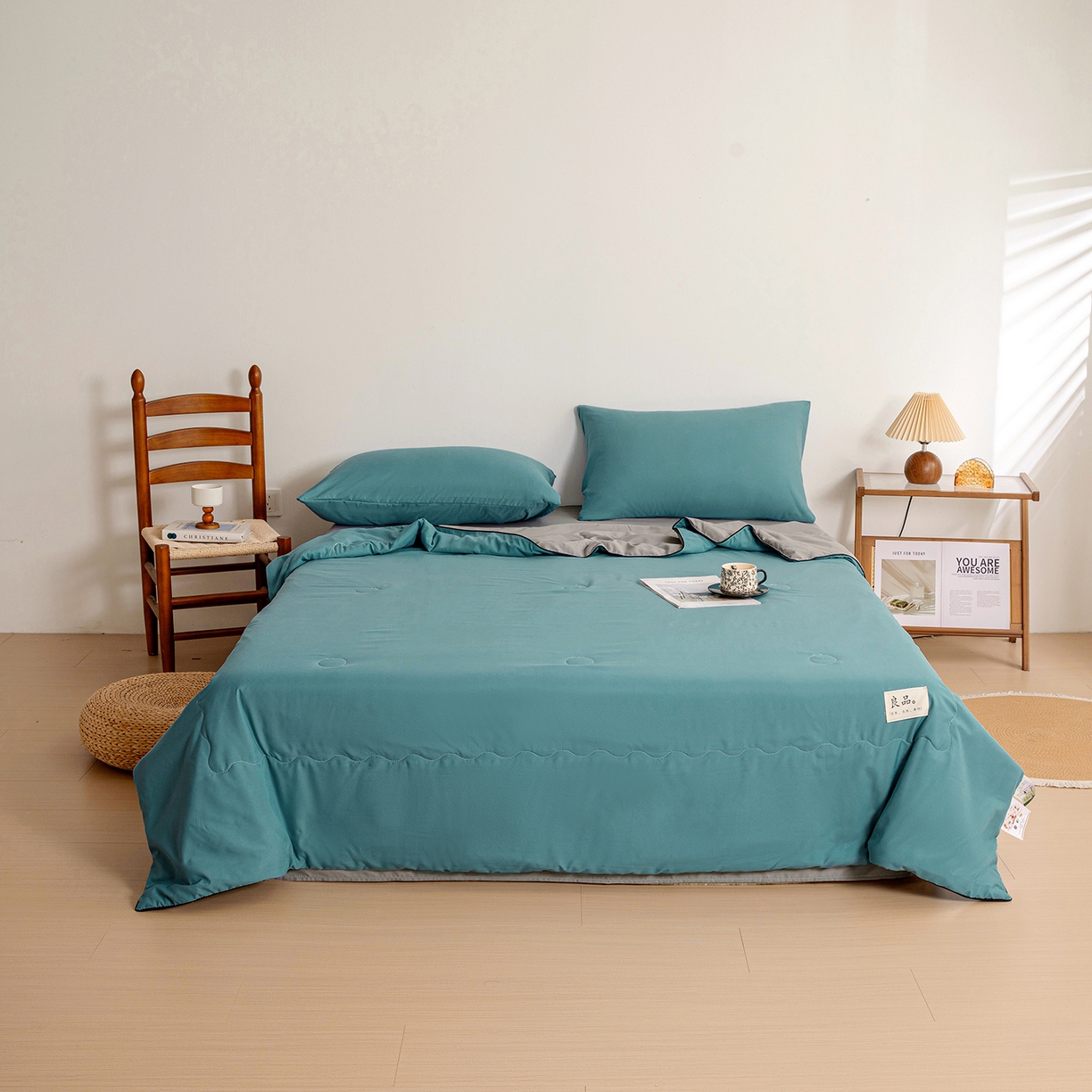 91家纺网 家纺一手货源 找家纺 易展家居 2026新款水洗棉新疆棉花夏被-嵌绳款 嵌绳-蓝灰