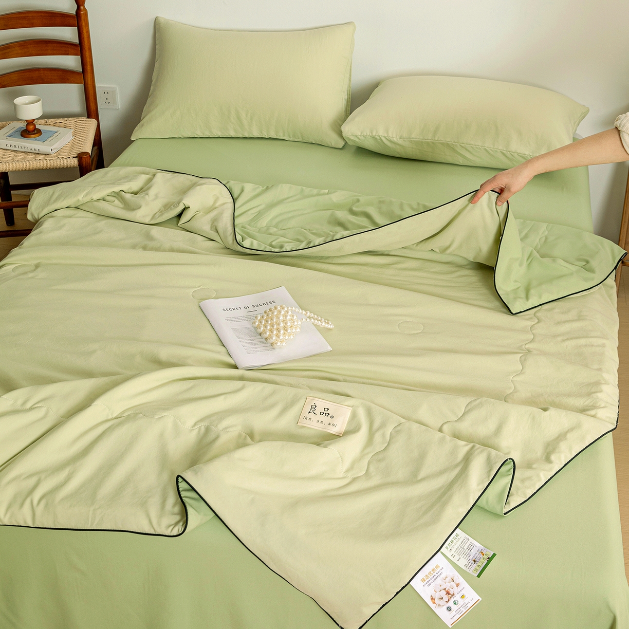 91家纺网 家纺一手货源 找家纺 易展家居 2026新款水洗棉新疆棉花夏被-嵌绳款 嵌绳-薄荷绿